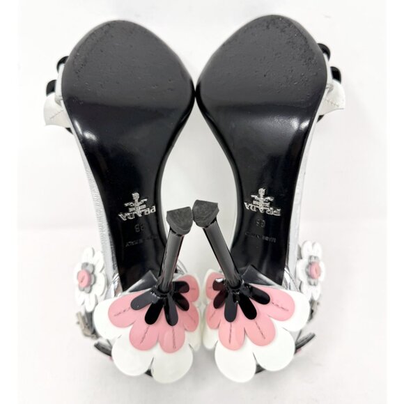 Prada Silver Floral Sandals 38 Patent Leather Heels Spring 2017 Runway Shoes - Picture 8 of 10